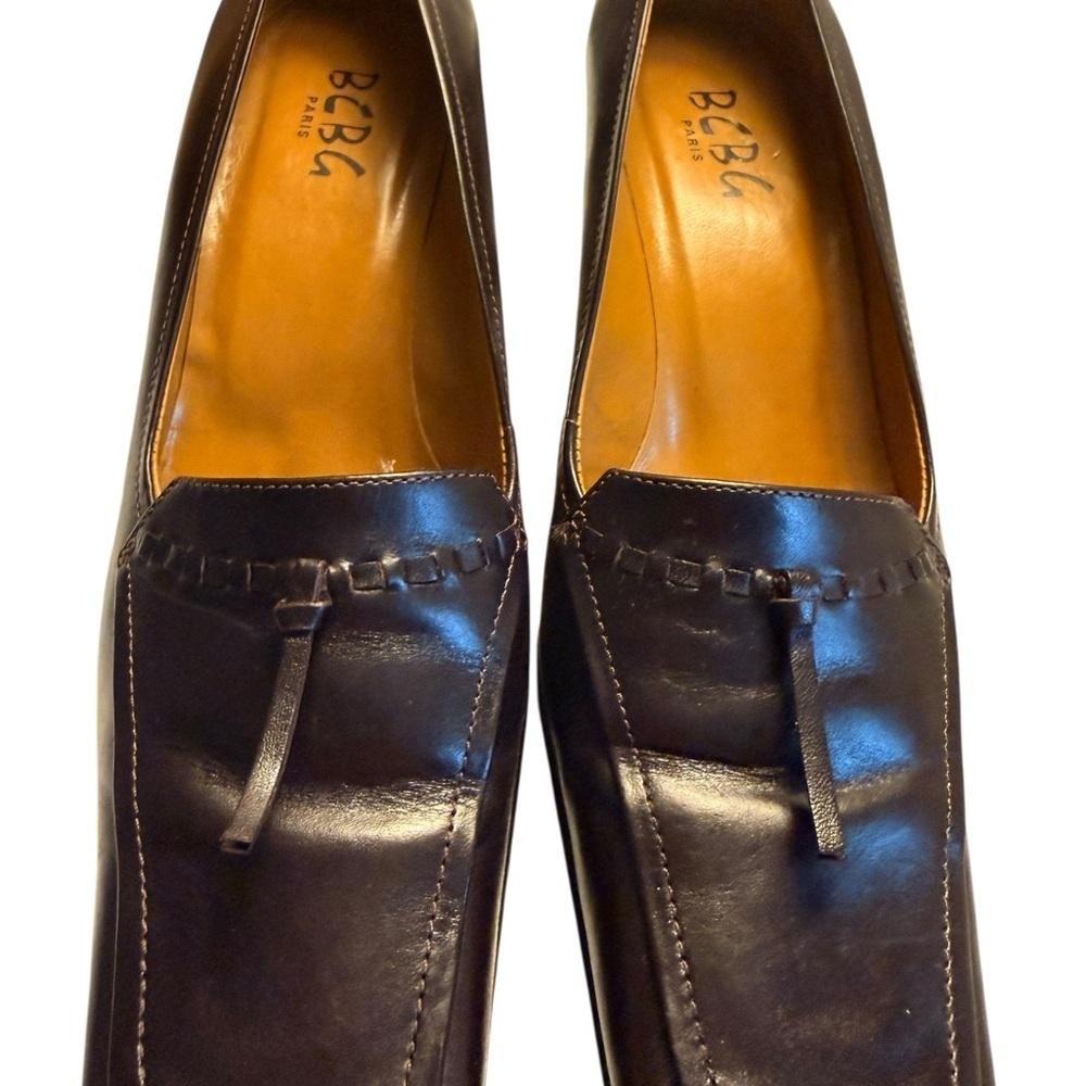 BCBG Paris | Dark Brown Heeled Leather Loafers | Sz 6.5B